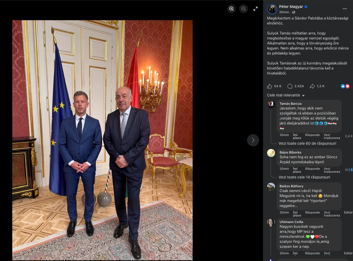 Péter Magyar, alături de Tamás Sulyok. Foto: Facebook