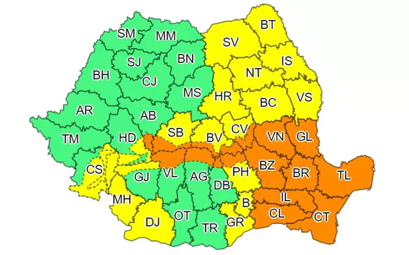 Harta zonelor afectate de ninsori și viscol - cod galben și portocaliu