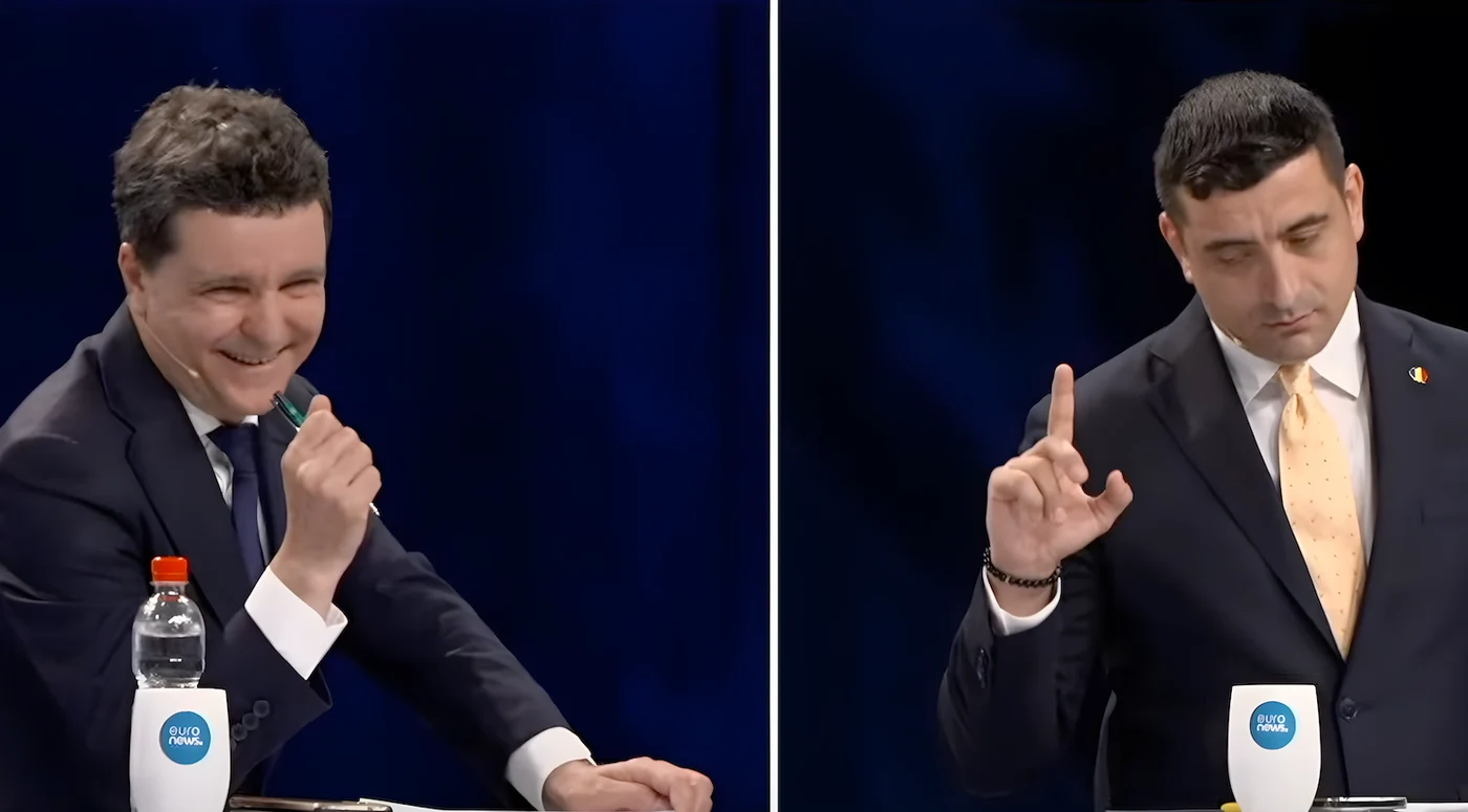 Captură ecran - EuroNews - dezbatere prezidențiale - Nicușor Dan vs George Simion
