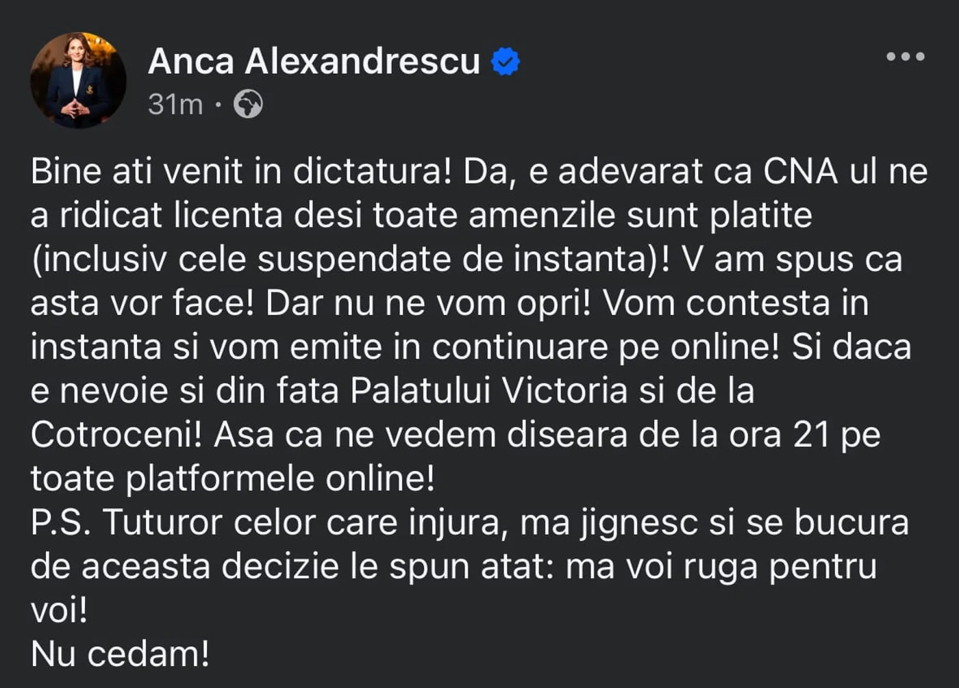 Anca Alexandrescu a postat un mesaj pe social media după decizia CNA