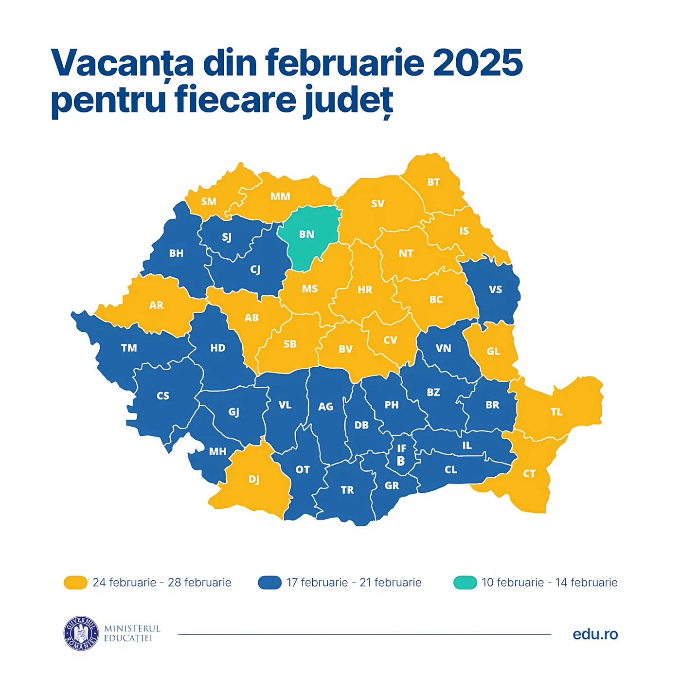 Vacanța școlară mobilă din februarie 2025 pe județe