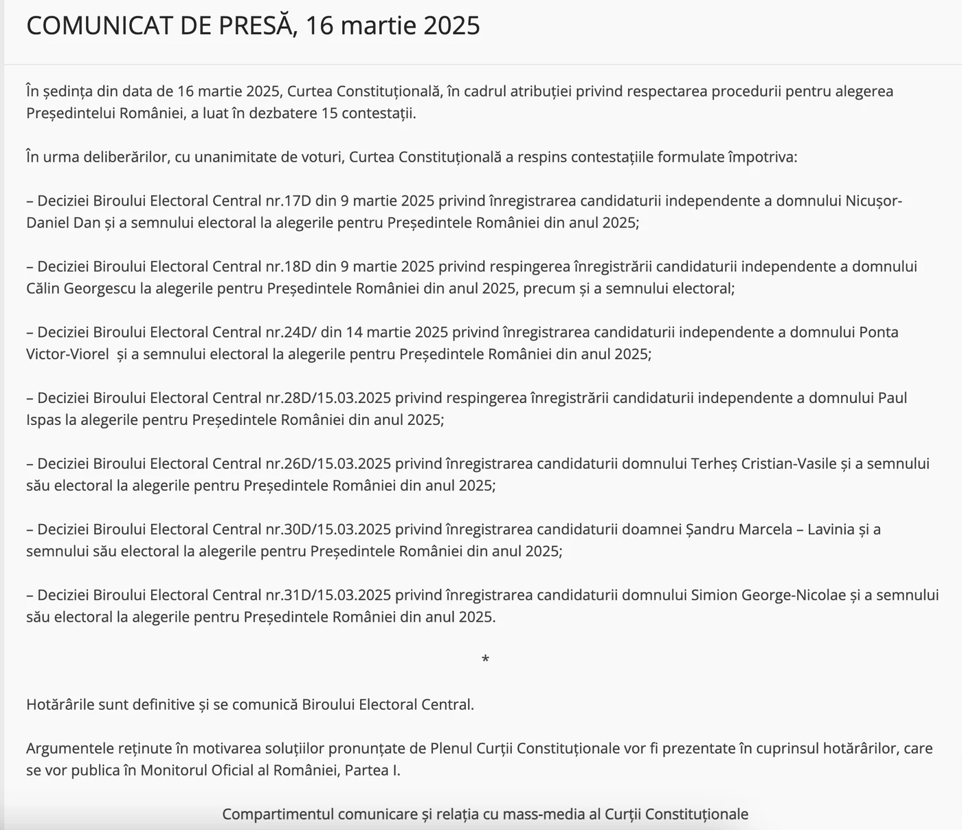 Comunicatul de presă remis de către CCR