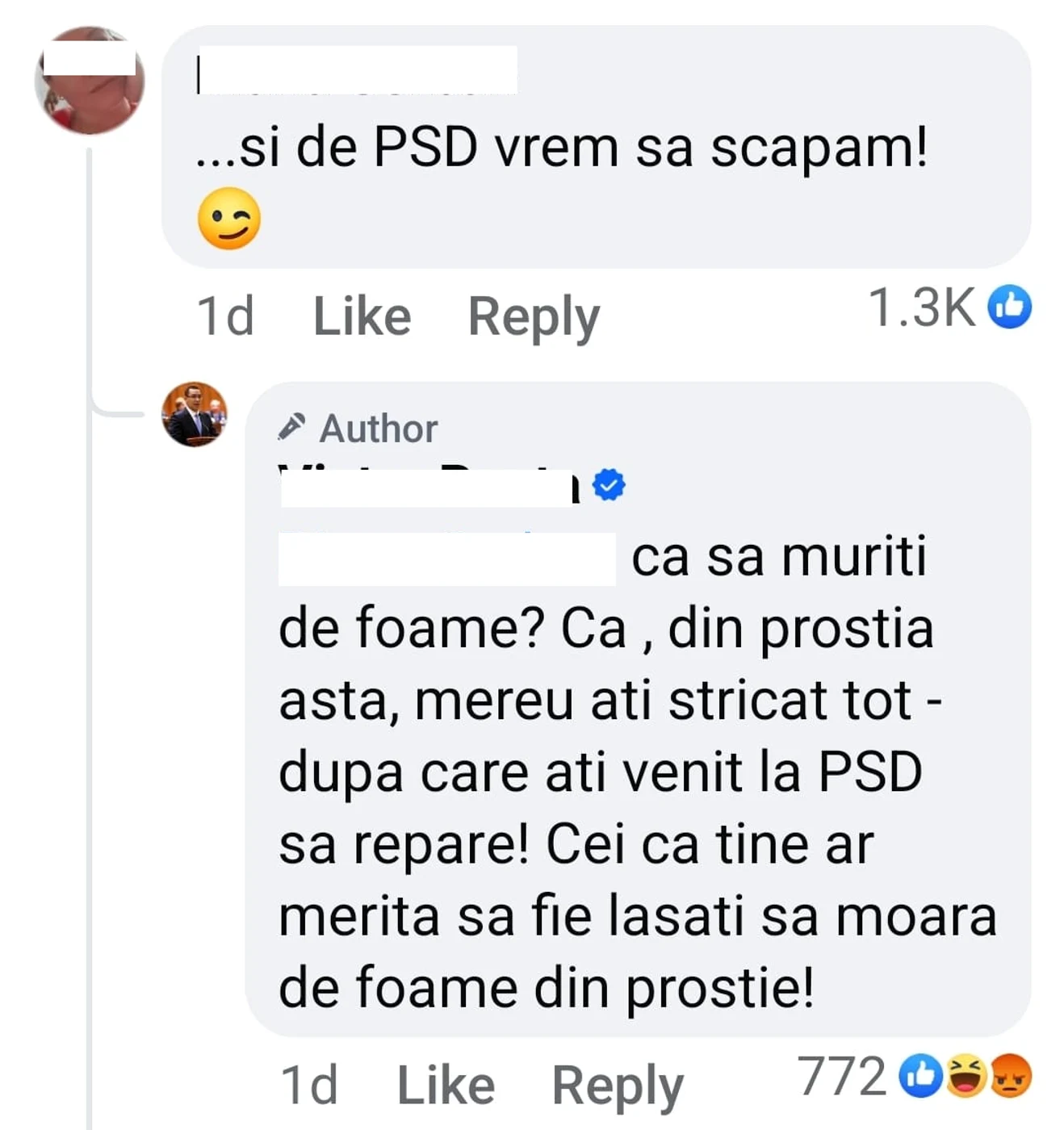 Ponta le dorește moartea oamenilor care nu sunt de acord cu el. Foto: captură Facebook