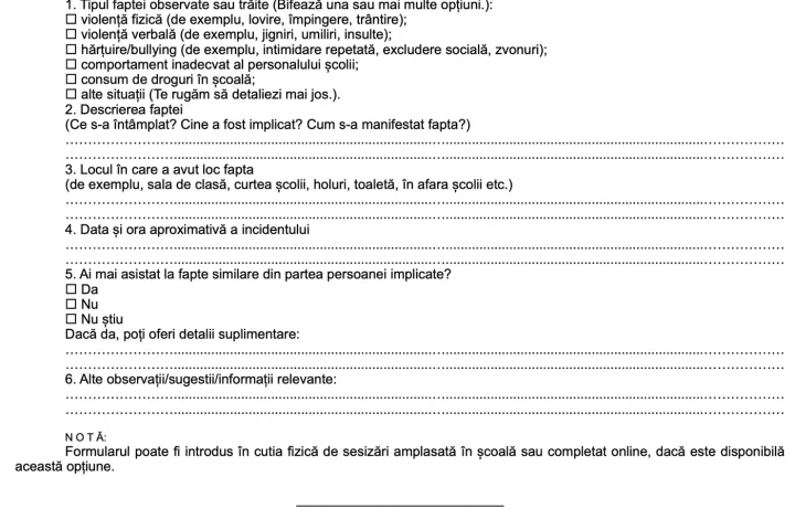 Cum arată formularul pentru raportarea pericolelor din școli: „butonul roșu”