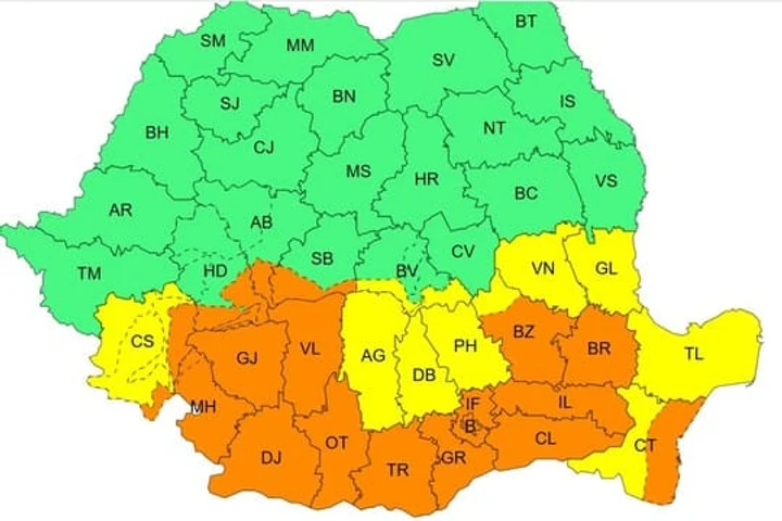 Cod galben și portocaliu de ploi și vânt. Ninsori la munte și temperaturi foarte scăzute în sudul țării