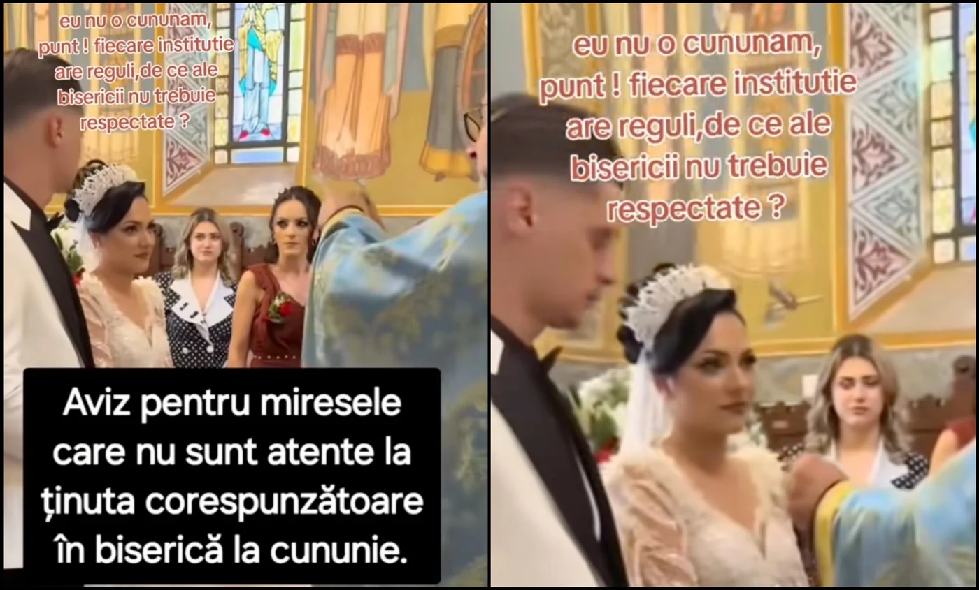 Mireasa a purtat o coroniță, însă preotul a certat-o în fața tuturor pentru accesoriul de pe cap. Foto: TikTok