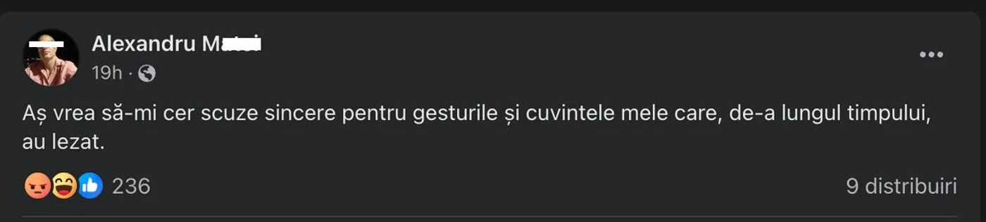 Postarea profesorului universitar a fost făcută la câteva ore după ce Mălina a povestit despre discuțiile avute în privat cu acesta