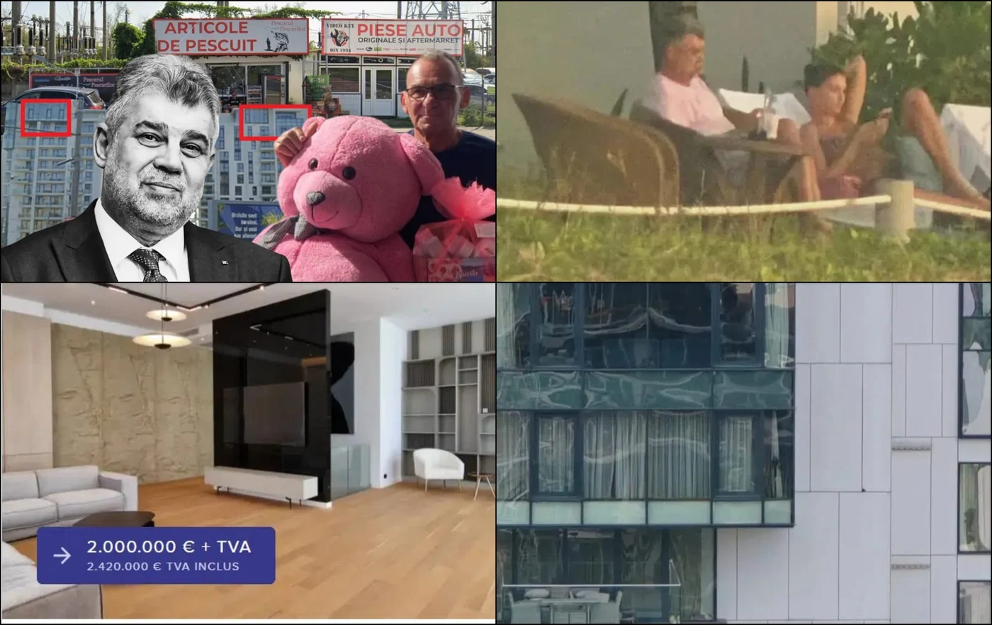 Marcel Ciolacu ar avea patru apartamente de 10 milioane de euro. Domnul Roșu (stânga sus) susține că el este proprietarul celor patru imobile și nu le-a cumpărat de la The One, iar Ciolacu îi plătește chirie. Fostul premier a spus de nenumărate ori că nu are o relație cu Sorina Docuz, deși sunt pozașți în vacanță (dreapta sus). Apartamentele în care locuiește Ciolacu sunt unele de lux, cu folie antidronă, adică nu se pot fotografia în interior nici cu drona. Foto: Colaj Actualitate.net/Investigatorii