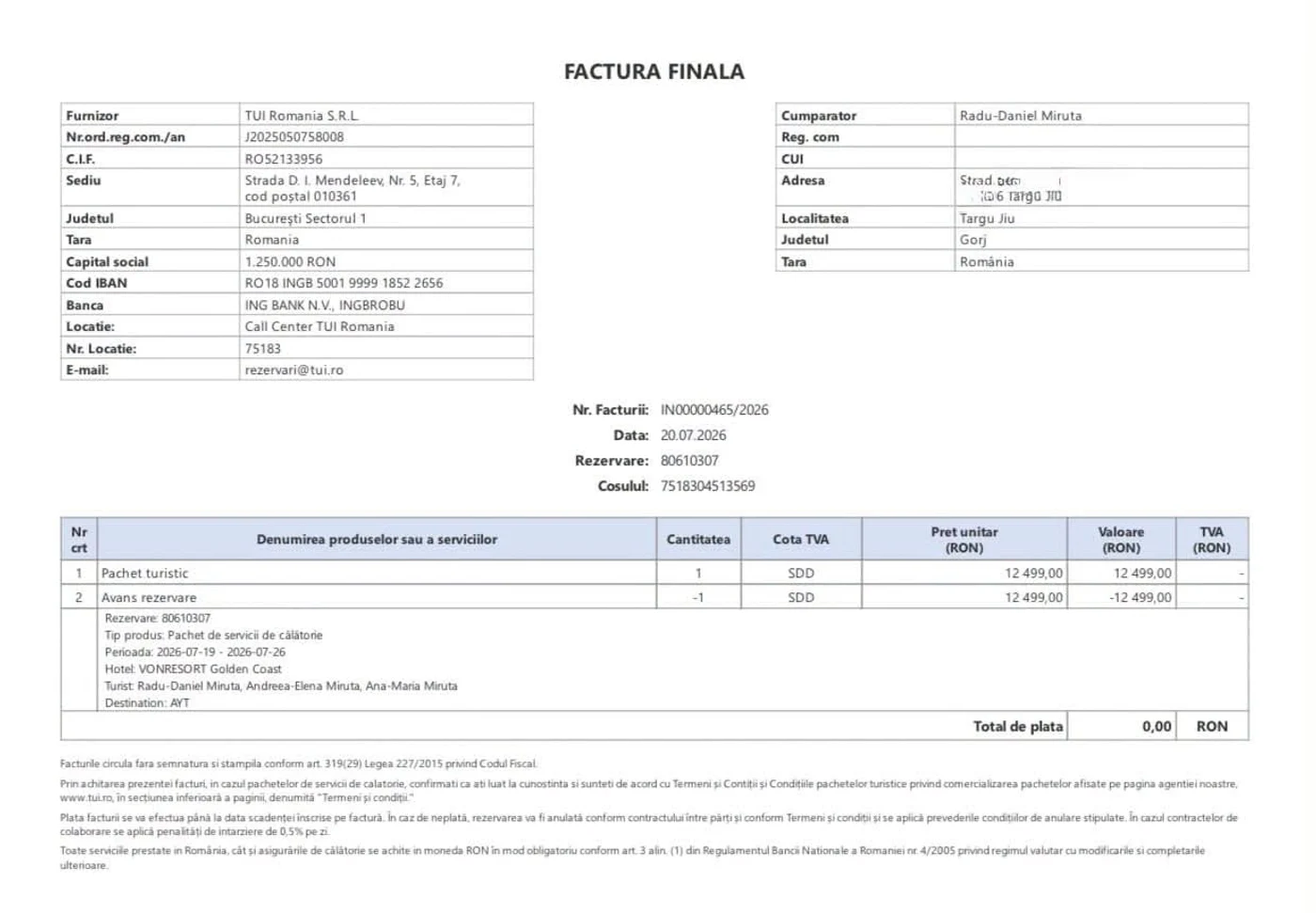 VONRESORT Elite din Antalya, resortul unde și-a petrecut concediul Radu Miruță. Ministrul a publicat factura vacanței pentru a contrazice informațiile potrivit cărora ar fi plătit 2.500 de euro pentru fiecare noapte de cazare.