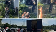 Un șofer aflat posibil în criză diabetică, extras cu forța de polițiști din camion după un accident în lanț. L-au lovit și i-au dat cu spray lacrimogen VIDEO
