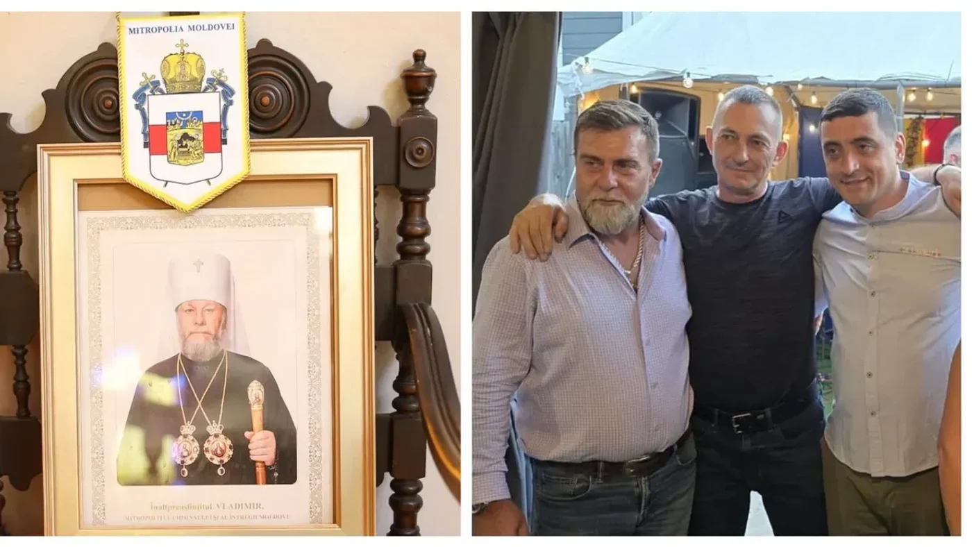 Foto: În stânga, un însemn al Mitropoliei Moldovei și portretul Mitropolitului Vladimir, imagini asociate Bisericii Sfântul Andrei din Chicago; în dreapta, George Simion, surprins la festivalul românesc organizat de această comunitate. Mitropolia Moldovei se află sub jurisdicția canonică a Patriarhiei Moscovei. Mai exact, vorbim despre Mitropolia Chișinăului și a Întregii Moldove (Biserica Ortodoxă din Moldova), nu despre Mitropolia Moldovei și Bucovinei din România.