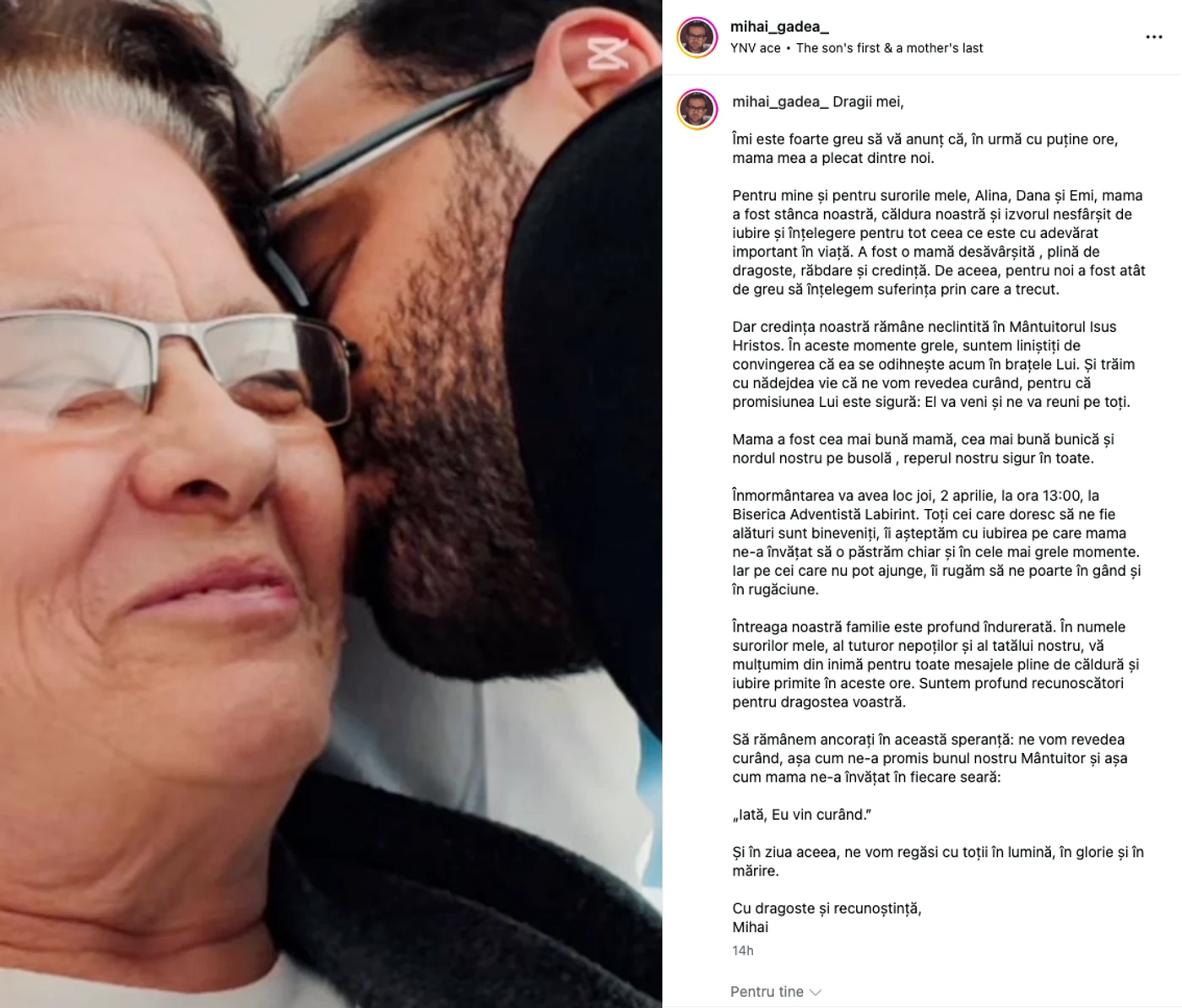 Mesajul lui Mihai Gâdea în care a anunțat că mama sa a murit a fost publicat pe Instagram.