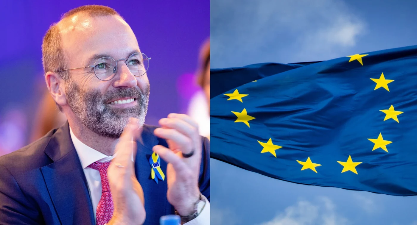 Manfred Weber (stânga) sursa foto: Facebook. Steagul Uniunii Europene. Sursa foto/ Christian Lue on Unsplash