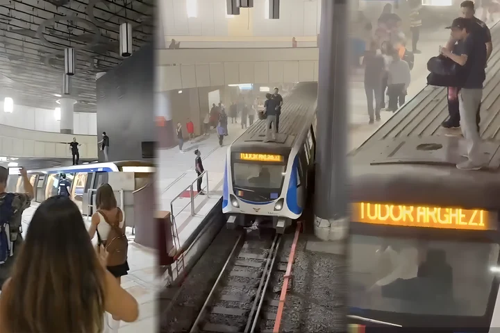 Haos la metrou: Un bărbat s-a urcat efectiv pe un metrou, la Piața Victoriei. Ce a încercat să facă? - VIDEO