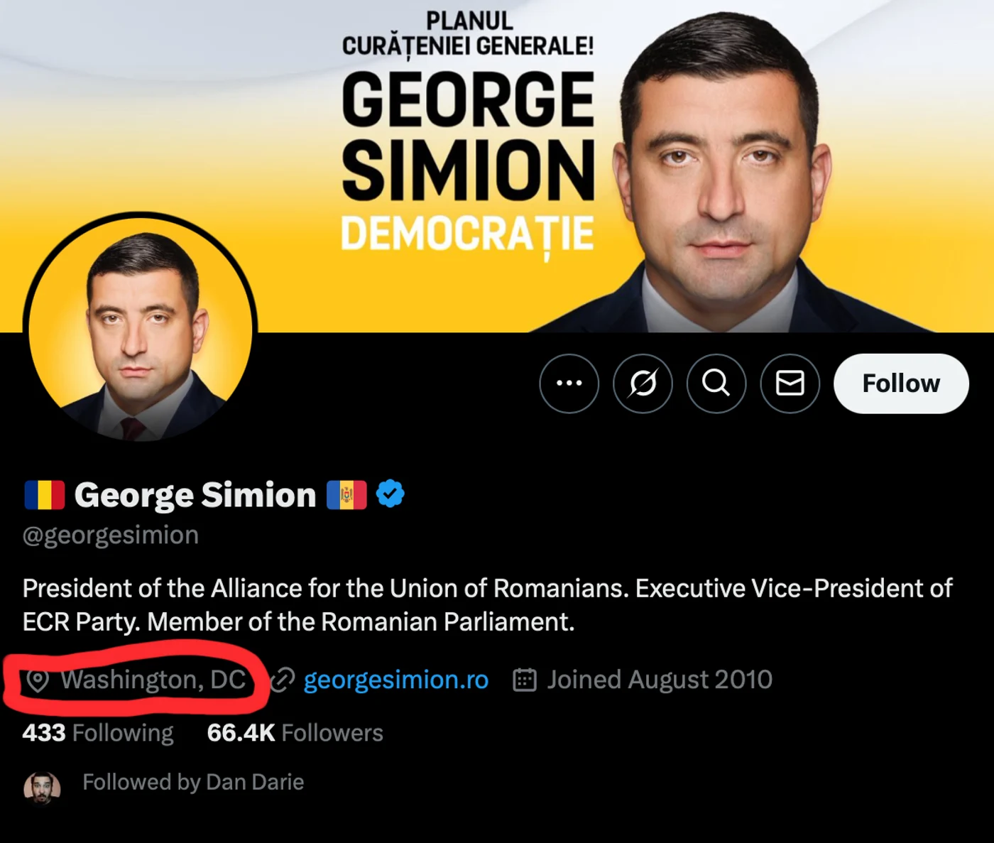 Captură ecran cont twitter (x) George Simion - locația setată la Washington, DC, capitala SUA
