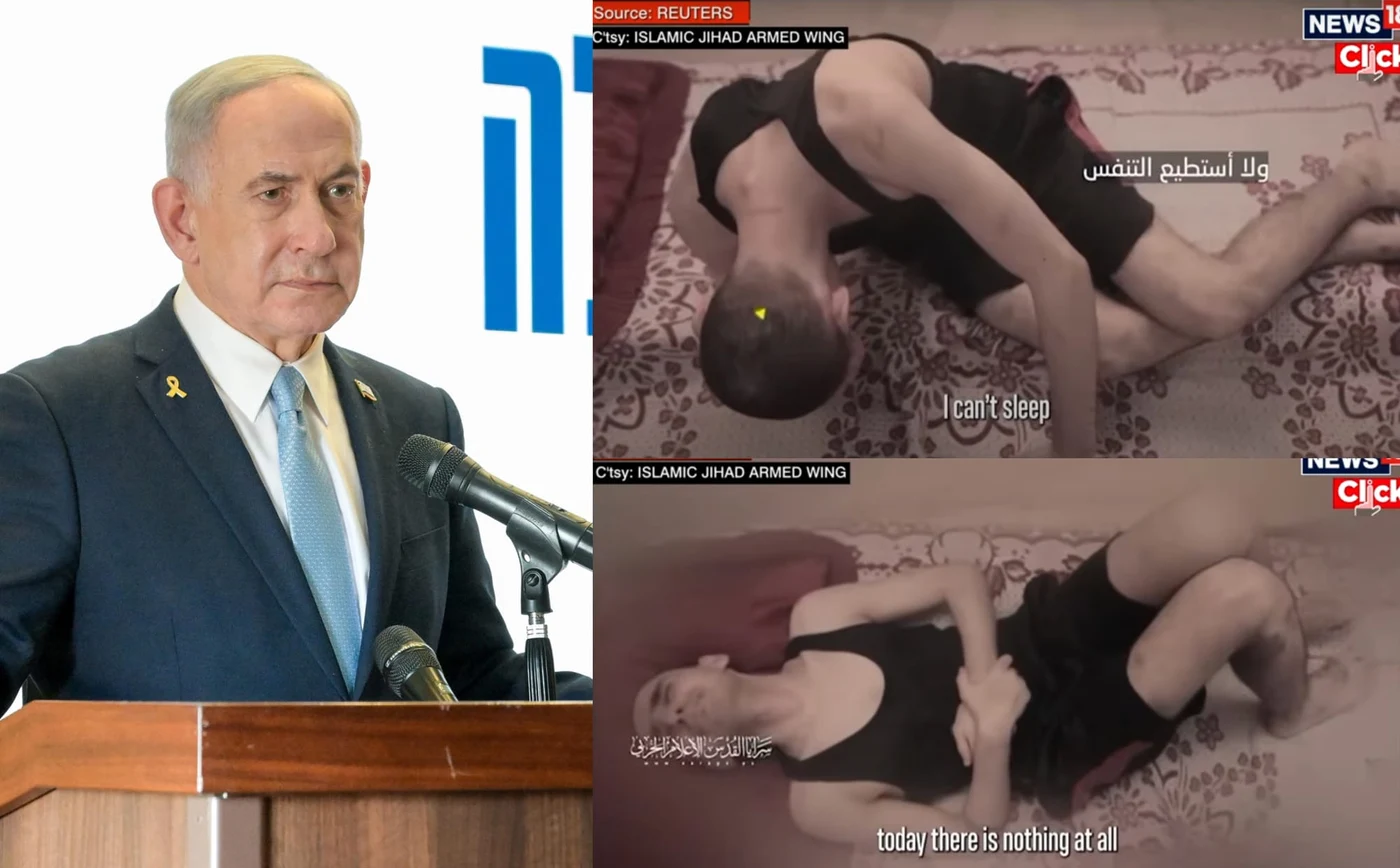 Netanyahu (FOTO stânga). Rom Braslavski, chinuit în Gaza FOTO: captură video REUTERS
