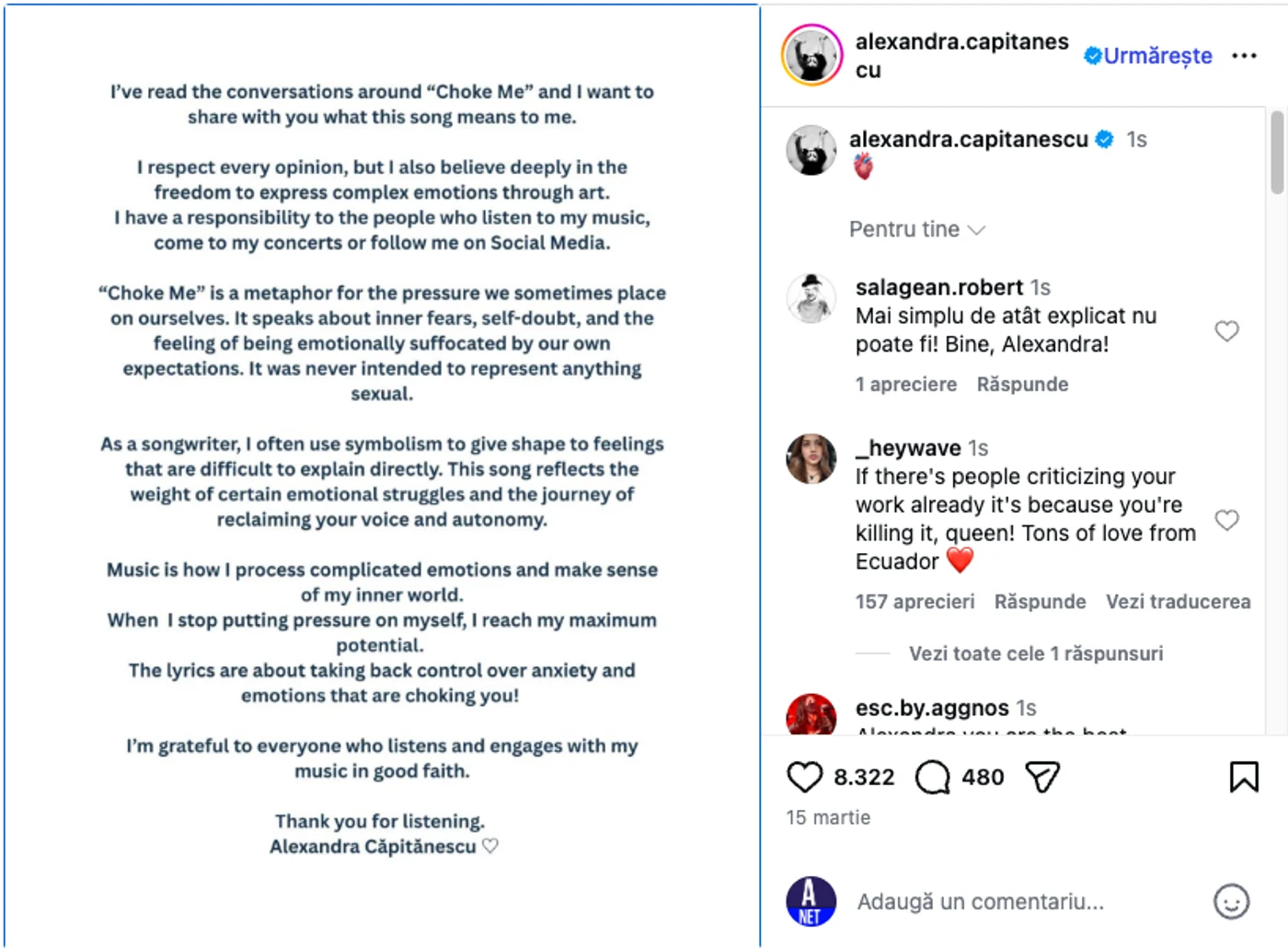 Alexandra Căpitănescu a venit cu explicații pe social media despre piesa “Choke Me” cu care va reprezenta România la Eurovision 2026