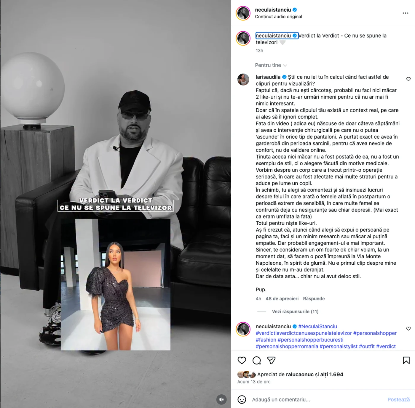 Larisa Udilă i-a lăsat un comentariu lung lui Neculai Stanciu la postarea verdictului. Foto: captură Instagram