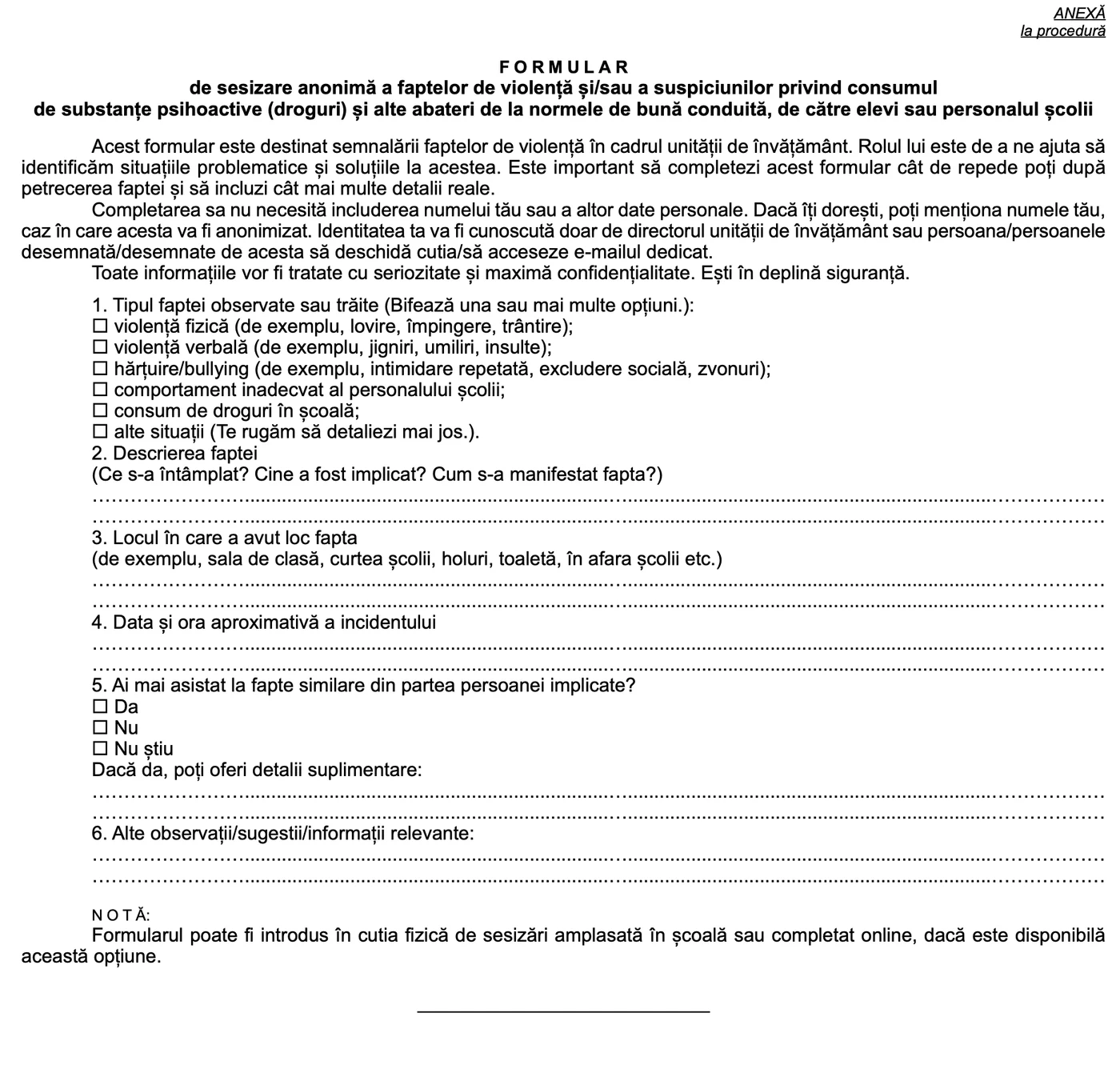 Formular sesizare anonimă - butonul roșu / educație