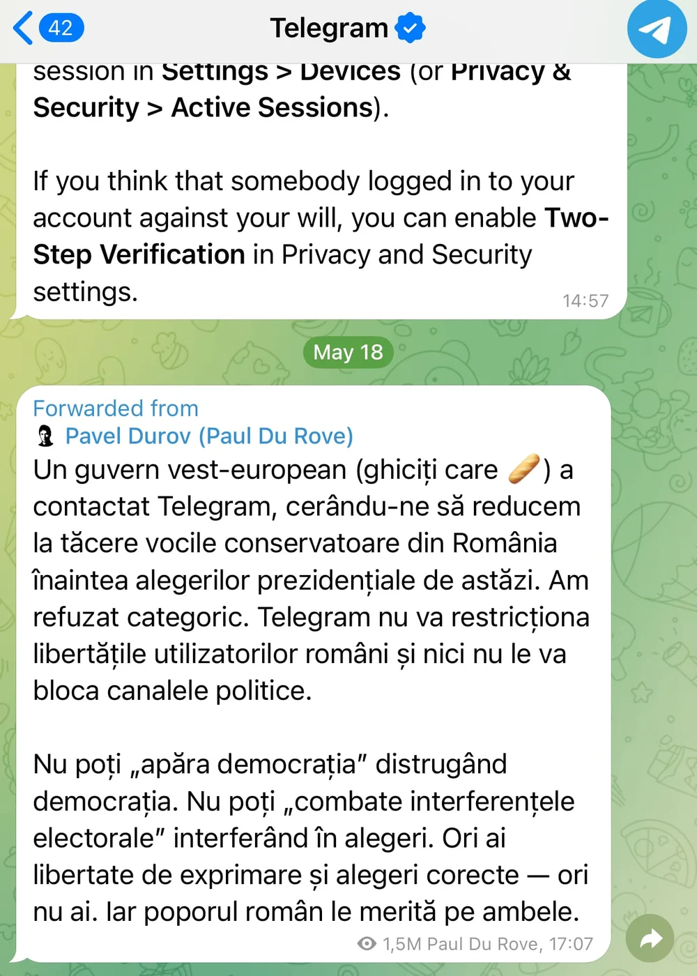 Captură ecran telegram