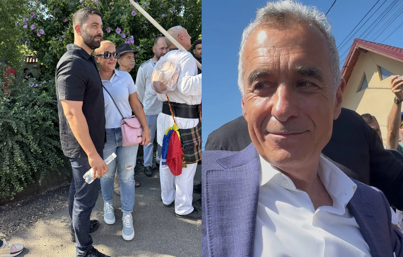 Marin Burcea (stânga), alături de una dintre susținătoarele lui Călin Georgescu. Majoritatea persoanelor aflate la eveniment au cerut poze cu bodyguarzii