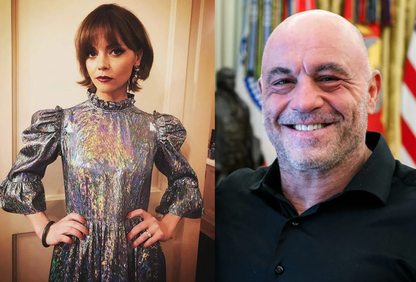 Actrița Christina Ricci zâmbind ironic, imagine devenită virală pe platformele Threads și Reddit alături de comentariul ei acid prin care a declarat că „mai bine moare” decât să asculte podcastul lui Joe Rogan.