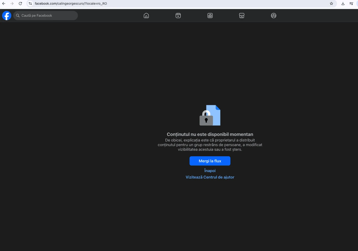 Pagina de Facebook a lui Călin Georgescu, indisponibilă în dimineața zilei de 21 septembrie 2026. Captură: Actualitate.net