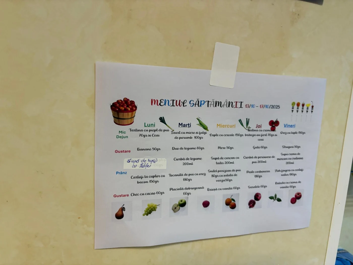 Așa arată unul dintre meniurile de mâncare pentru copiii din instituțiile de învățământ din Corbeanca