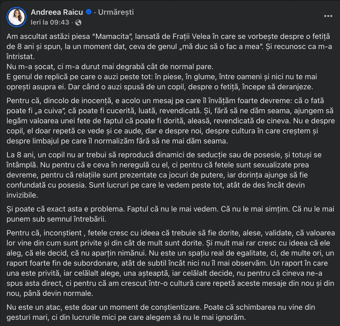 Vârsta de opt ani, menționată de Andreea Raicu