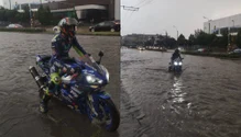 VIDEO Un motociclist a oferit o adevărată lecție la Brașov. Ce a făcut un tânărul în mijlocul unei străzi inundate. Ploile au făcut ravagii în oraș