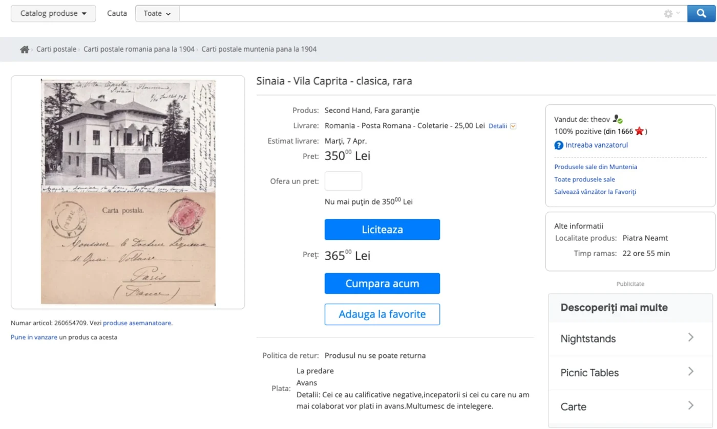 O carte poștală originală din vremea reginei Maria se vinde cu 350 de lei - ultimul preț