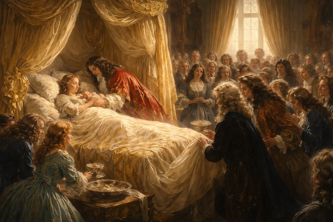 Fotografie realizată cu inteligența artificială. Imaginea descrie scena nașterii prințului James Francis Edward Stuart