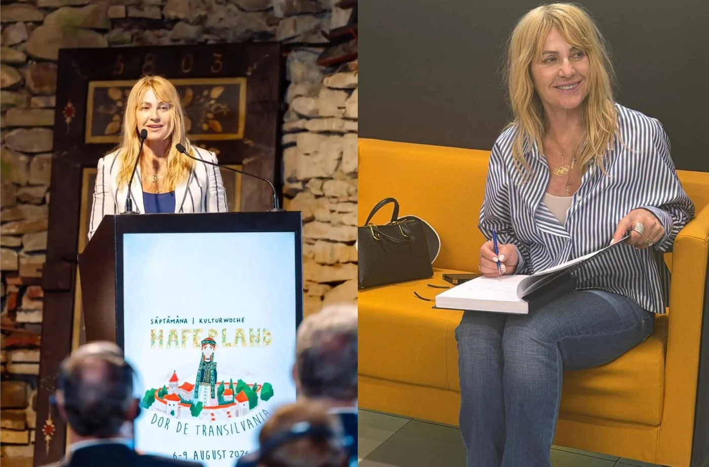 Nadia Comăneci, tot mai aproape de Transilvania. După zilele petrecute în satele săsești, ca ambasadoare a Săptămânii Haferland 2026, „Zâna de la Montreal” a ajuns și la Aeroportul Internațional Brașov-Ghimbav, unde a fost întâmpinată alături de Mihai Covaliu, președintele Comitetului Olimpic și Sportiv Român.