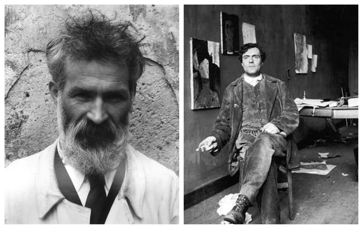 Sculptorul Constantin Brâncuși (stânga) - sursa foto Wikipedia/ Edward Steichen - 31 decembrie 1921. Amedeo Modigliani (dreapta) - sursa foto Wikipedia, imagine realizată în studioul său din Montparnasse, Paris, Grande-Chaumière.